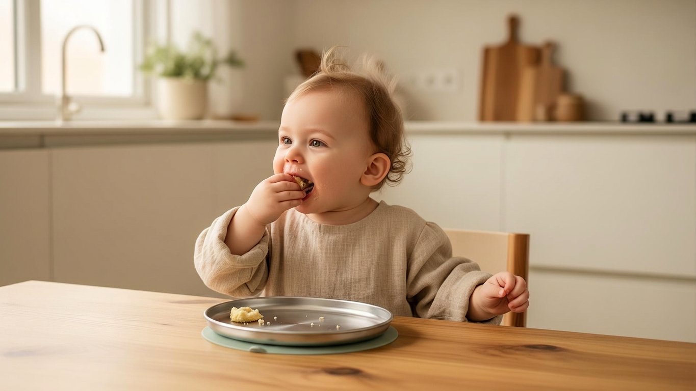 Toddler enjoying a meal from a sage Mogu plate