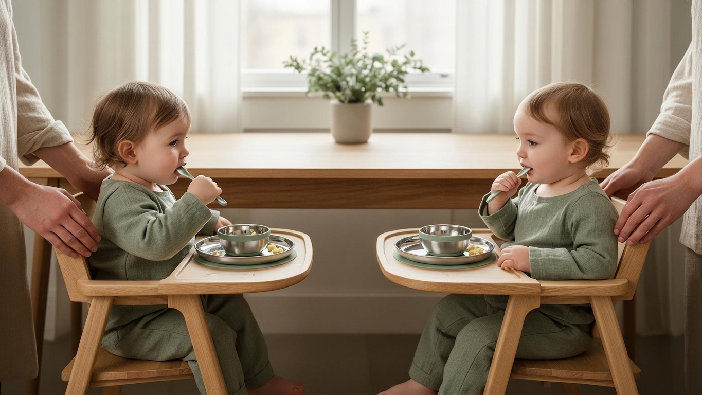 Family kitchen with toddlers eating from Mogu tableware